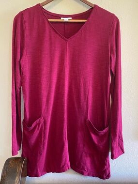 J Jill Cranberry Red Cotton Blend Knit Top With Pockets